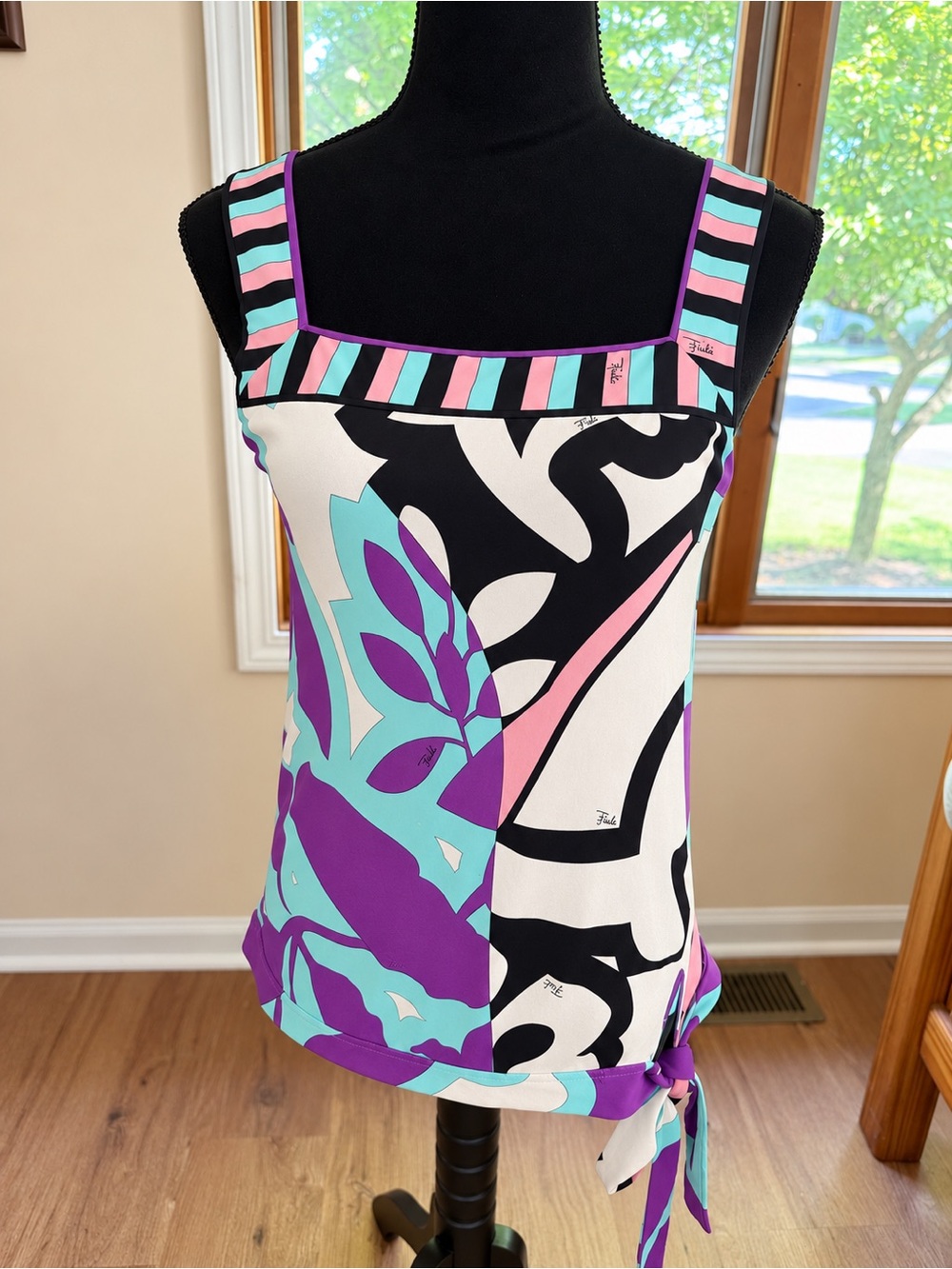 Emilio Pucci Aqua & Purple Tie-Waist Tank Top, Vintage size 10